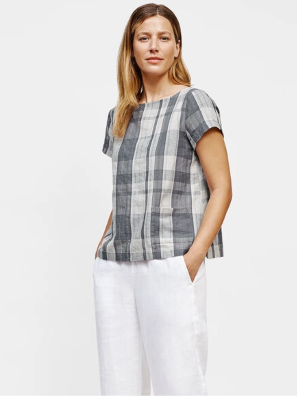 Eileen Fisher Organic Linen Cotton Plaid Bateau Neck Top Gray